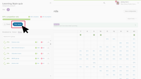Educator account in Xello. The Learning Styles quiz task side panel is open. The cursor is clicking View report.